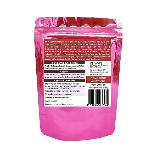 NAKURU | Gingembre | Gamme Power | Fabriqué en France | "Un Zeste de Zing!" 90 Gélules Végétales de 325mg / Poids Net: 29,25 ...