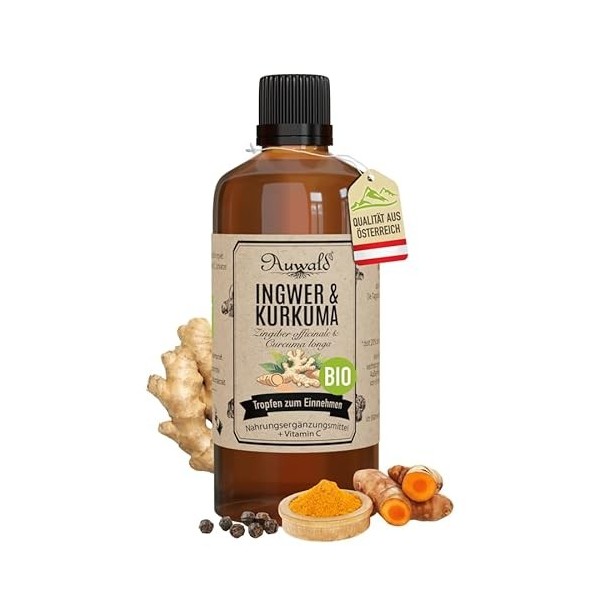 Auwald Gouttes de gingembre et de curcuma bio – Extrait de haute qualité, extrait dessence, essence et teinture – 100 % agri