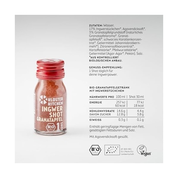 Kloster Kitchen Bio Gingembre Shot Grenade 1SHOT 28 x 30 ml avec des morceaux de gingembre | Shot de gingembre végétalien en 