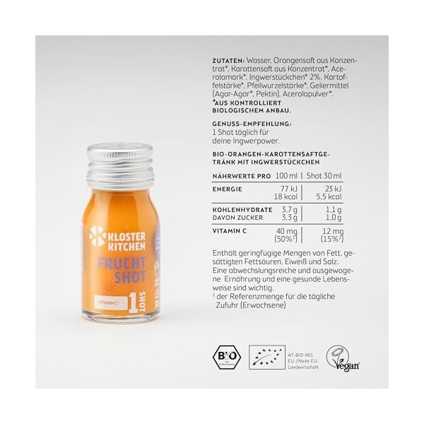 Kloster Kitchen Bio Gingembre Shot Fruit pour Enfants 1SHOT 7 x 30 ml avec des morceaux de gingembre I Shot de gingembre végé