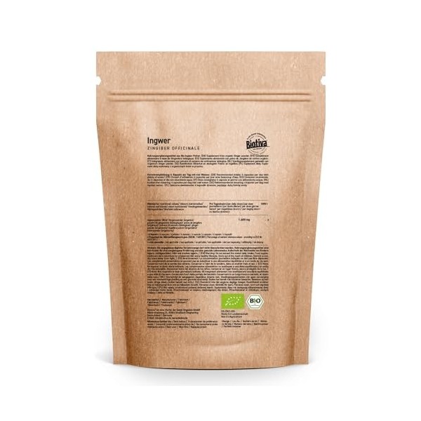 Zingiber Officinale Lot de 180 gélules bio au gingembre | 400 mg par capsule | Zingiber Officinale | Garanti sans additifs | 