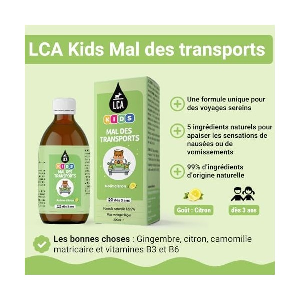 LCA KIDS MAL DES TRANSPORTS | Calme les nausées et les vomissements | Gingembre, Citron | Enfants dès 3 ans | Goût Citron | I...