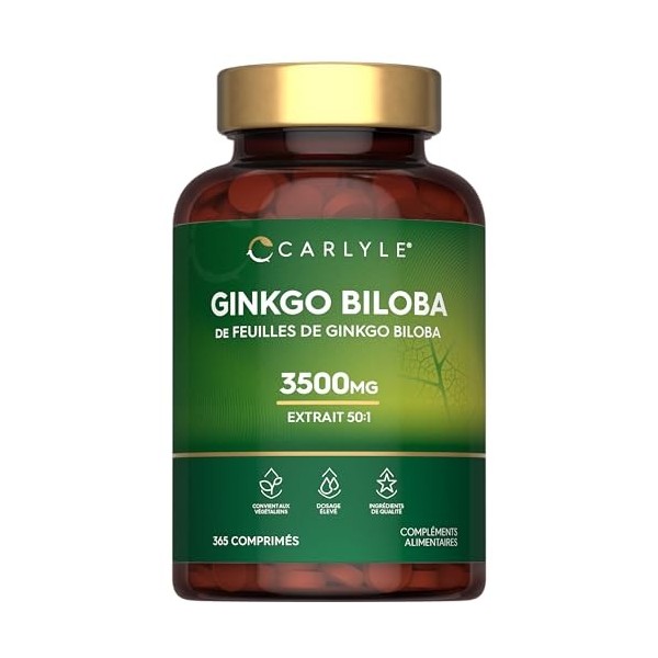 Ginkgo Biloba 3500mg | 365 Comprimés Végans | Capsules d’extrait de Ginkgo | Hautement Dosé | par Carlyle