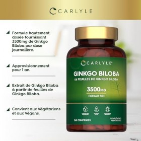 Ginkgo Biloba 3500mg | 365 Comprimés Végans | Capsules d’extrait de Ginkgo | Hautement Dosé | par Carlyle