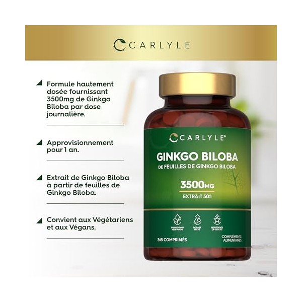 Ginkgo Biloba 3500mg | 365 Comprimés Végans | Capsules d’extrait de Ginkgo | Hautement Dosé | par Carlyle
