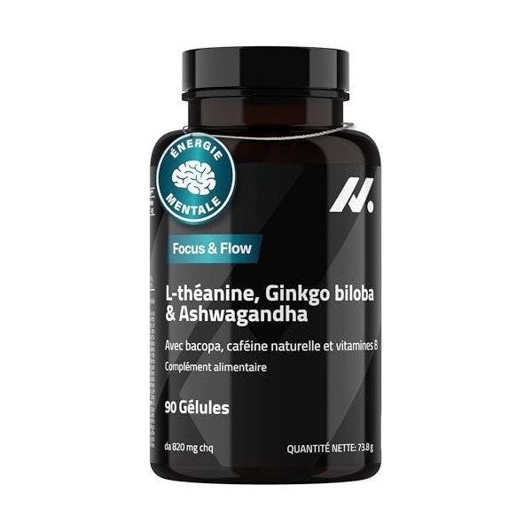 L-Théanine, Ginkgo Biloba, Ashwagandha – Nootropique avec Bacopa Monnieri, caféine naturelle, vitamines B6 & B12 fortement do