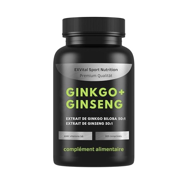 EXVital® Ginkgo + Ginseng, 365 comprimés, extraits de plantes 50:1, hautement dosé – Ginkgo Biloba & Ginseng coréen – Testé e