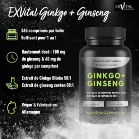 EXVital® Ginkgo + Ginseng, 365 comprimés, extraits de plantes 50:1, hautement dosé – Ginkgo Biloba & Ginseng coréen – Testé e