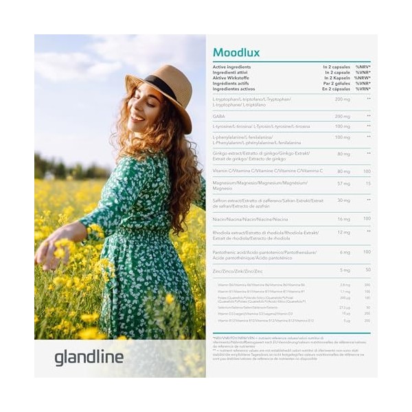 Complément Alimentaire pour l’Humeur avec Safran, Rhodiola, Ginkgo, L-Tyrosine, Magnésium et Sélénium – 60 Gélules – MoodLux