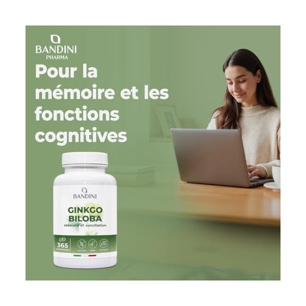 Bandini® Ginkgo Biloba 6000mg 365 comprimés 1 an 50:1 Extrait pur de Ginko Biloba avec Flavones Glycosides et Terpènes Lact
