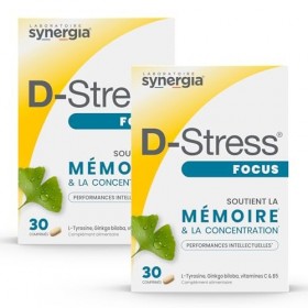 D-STRESS FOCUS Lot de 2X30 Comprimés | L-Tyrosine, Ginkgo biloba et Vitamine C | Stimule la mémoire et la concentration | Veg