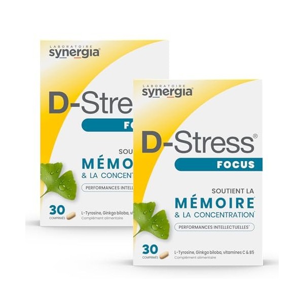 D-STRESS FOCUS Lot de 2X30 Comprimés | L-Tyrosine, Ginkgo biloba et Vitamine C | Stimule la mémoire et la concentration | Veg