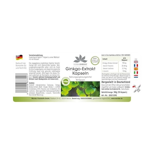 Extrait de Ginkgo Biloba 95mg - 90 Gélules - Végétarien | Herba Direkt - Qualité des pharmacies allemandes