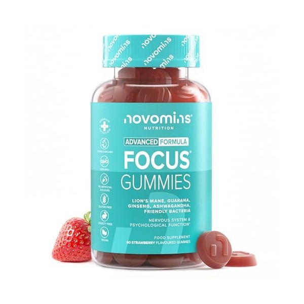 Gommes Concentration – L-Theanine, Ginkgo Biloba, Caféine + Crinière de Lion – Mémoire & Focus Nootropique – Végan, Sans Glut