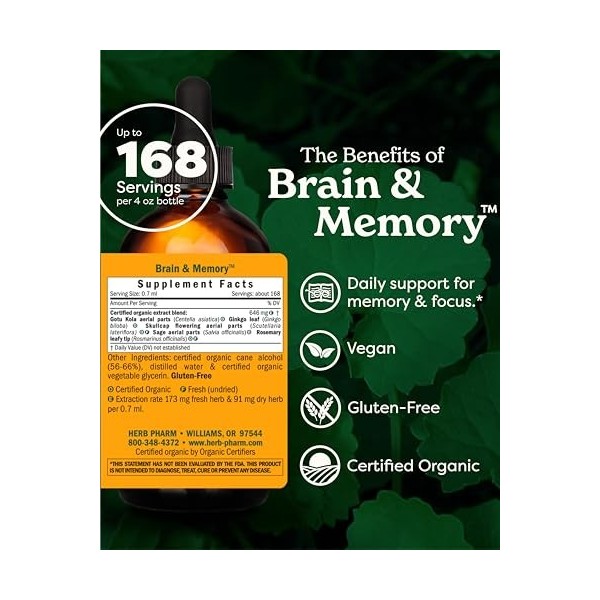Herb Pharm Brain and Memory Herbal Formula with Ginkgo for Memory and Concentration- 4 Ounce