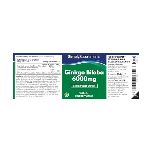 Ginkgo Biloba 6000mg – 360 Comprimés – Jusqu’à 6 mois de Bienfaits - Simply Supplements