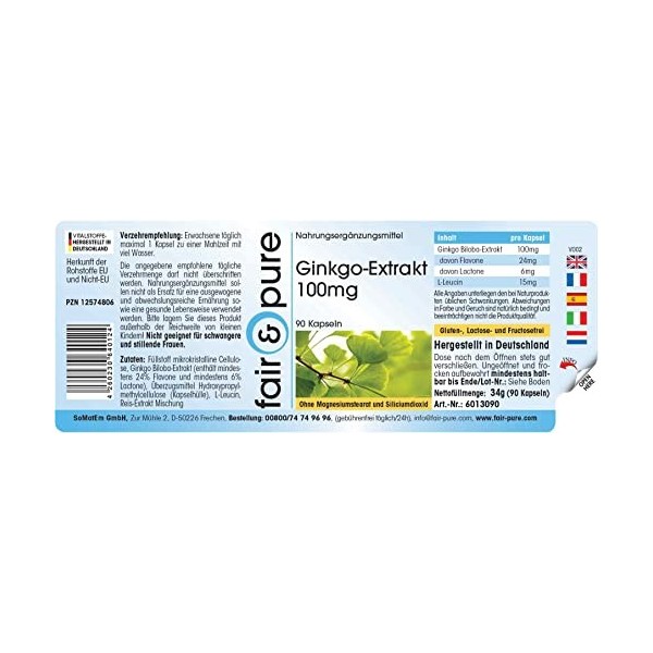 Fair & Pure® - Ginkgo Capsules - Extrait de Ginkgo Biloba 95mg 24% Flavone - min. 6% Lactone - végétalien - 90 capsules