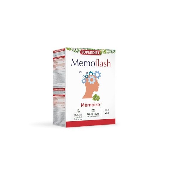 SUPERDIET - MEMOFLASH - Entretien de la mémoire - Renforce la concentration - Fabriqué en France - 60 gélules