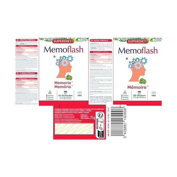SUPERDIET - MEMOFLASH - Entretien de la mémoire - Renforce la concentration - Fabriqué en France - 60 gélules