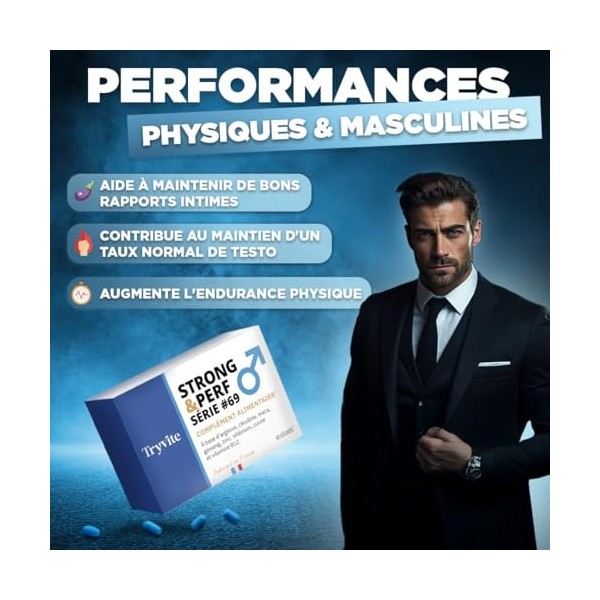 Formule à Action Rapide Pour Hommes Actifs | 60 Gélules Avec Ginseng, Maca, Arginine, Citrulline & Zinc | TRYVITE STRONG&PERF