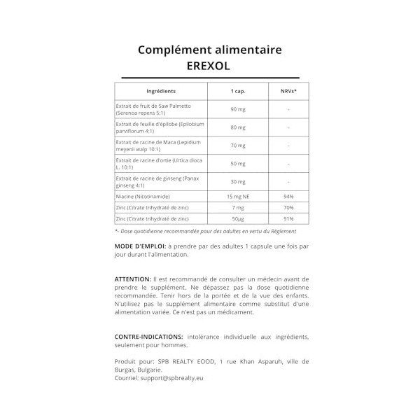 ErexoI – Complexe Naturel d’Extraits de Plantes et de Maca – Avec Niacine, Zinc & Sélénium – Complément Alimentaire – 60 Gélu...