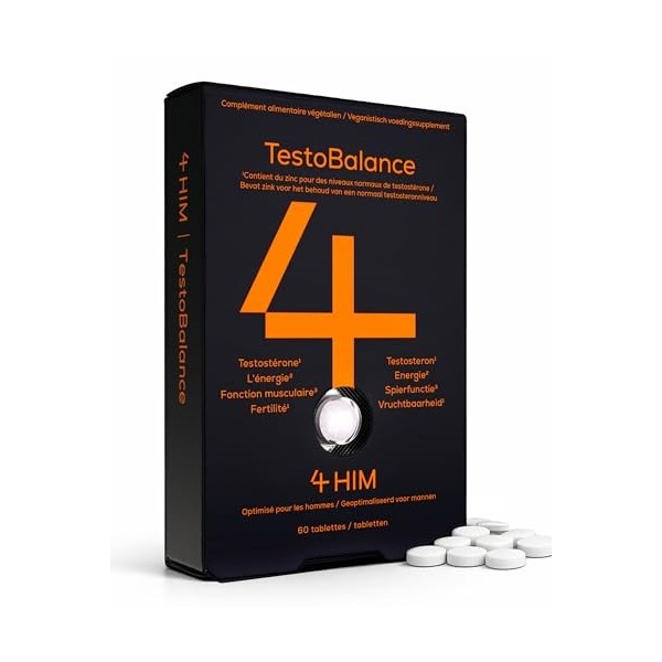 4 HIM TestoBalance - Énergie et Fonction Musculaire - avec Zinc, L-Arginine, Ginseng et Fenugrec - 60 Comprimés Végétaliens
