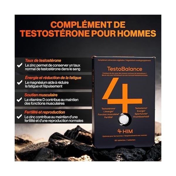 4 HIM TestoBalance - Énergie et Fonction Musculaire - avec Zinc, L-Arginine, Ginseng et Fenugrec - 60 Comprimés Végétaliens