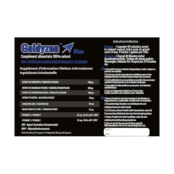 Goldyzen Blue - Compléments alimentaires à base de plantes pour hommes, Au complexe Ginseng & Reishi - Blister de 10 gélules