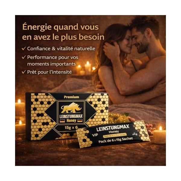 Leinstungmax Miel Premium – Miel enrichi en ginseng, gelée royale et vitamines B1 et B2 | 6 x 15 g | Énergie instantanée quan