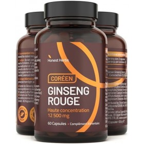 Ginseng Rouge de Corée Panax - Extra Fort 12 500 mg - 60 Gélules - Extrait de Racine de Ginseng avec 20% de Ginsénosides - Ve