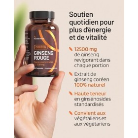 Ginseng Rouge de Corée Panax - Extra Fort 12 500 mg - 60 Gélules - Extrait de Racine de Ginseng avec 20% de Ginsénosides - Ve