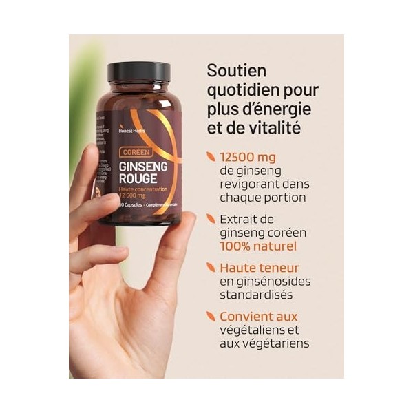 Ginseng Rouge de Corée Panax - Extra Fort 12 500 mg - 60 Gélules - Extrait de Racine de Ginseng avec 20% de Ginsénosides - Ve