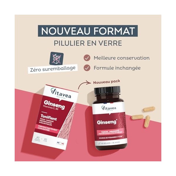 Vitavea Bien-être – Ginseng, Vitamine C & B5 – Complément alimentaire Vitalité & Tonus – Réduction de la fatigue – Vitamine B