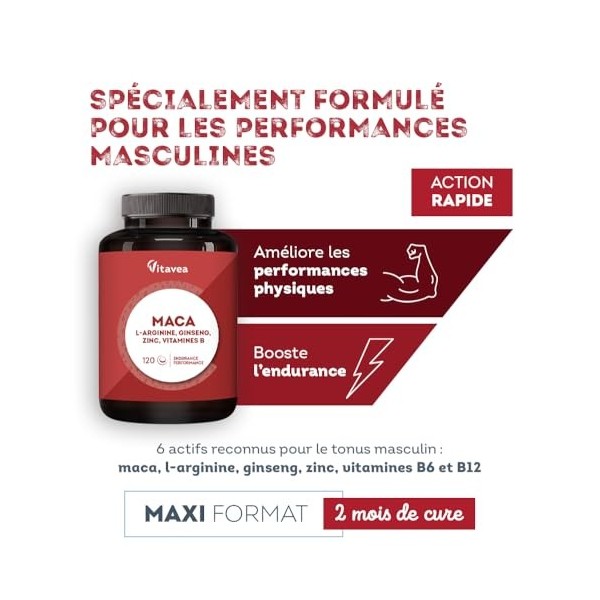 Booster Puissant Performances Masculines - Maca Ginseng - Vigueur, Energie, Endurance, Musculation - 6 Actifs Puissants - L-A