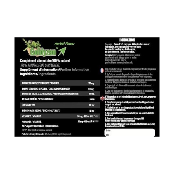 Goldyzen Herbal Power - Compléments alimentaires à base de plantes pour hommes, Au complexe de Ginseng- Augmentation de la én