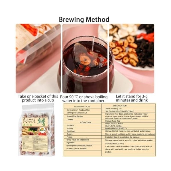 Thé au ginseng Cinq Trésors, 20 sachets de ginseng, Cinq tisanes bio, pour femmes et hommes A-1pac Ginseng