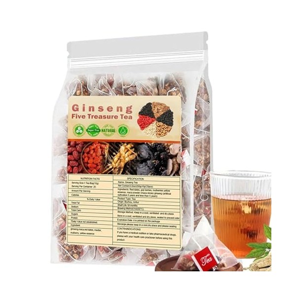 Thé au ginseng Cinq Trésors, 20 sachets de ginseng, Cinq tisanes bio, pour femmes et hommes A-1pac Ginseng