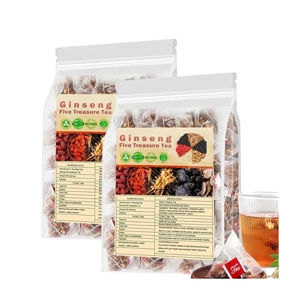 Thé au ginseng Cinq Trésors, 20 sachets de ginseng, Cinq tisanes bio, pour femmes et hommes A-1pac Ginseng
