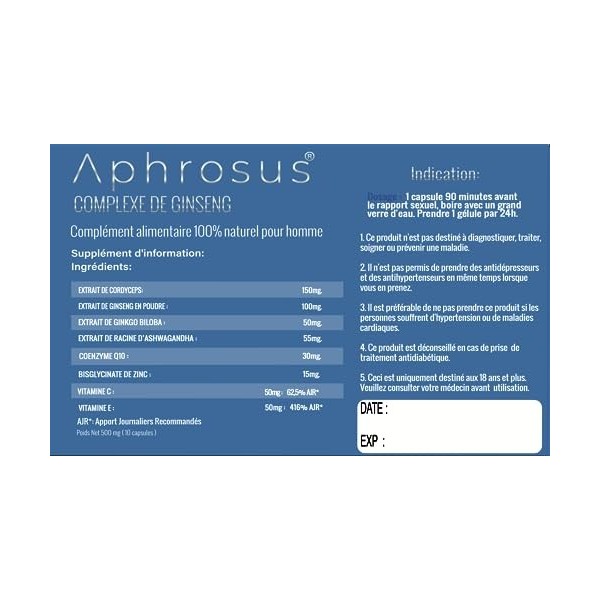 Aphrosus Complément alimentaire pour hommes à base de ginseng- Augmentation de lénergie- Effet super puissant et prolongé -1