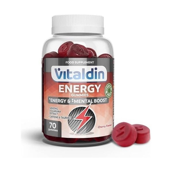 VITALDIN Energy Gummies – 70 Gommes Énergétiques avec Ginseng, Guarana, Caféine et Taurine – Améliore la Concentration, Favor