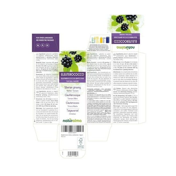 Éleuthérocoque ou Ginseng de Sibérie Eleutherococcus senticosus racines Teinture Mère sans alcool Naturalma - Extrait liqui G...