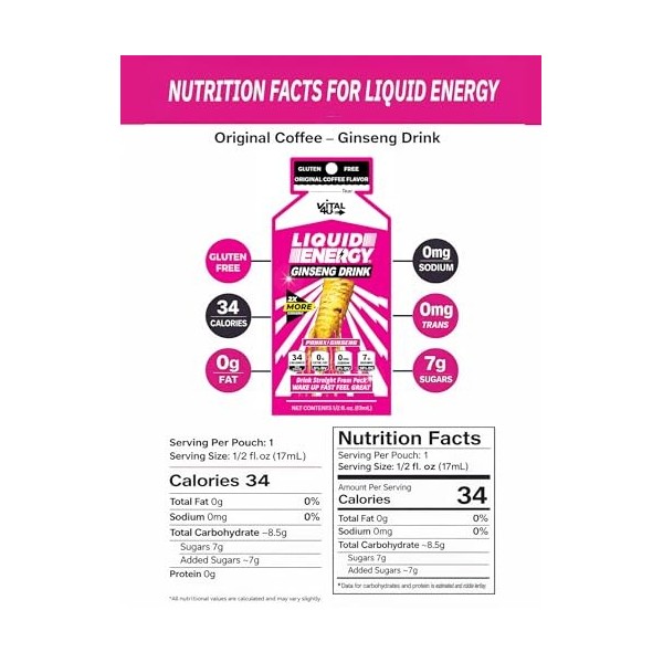 Vital 4U Liquid Energy Shot – Ginseng, vitamines B, naturellement sucré, saveur café, 24 ct
