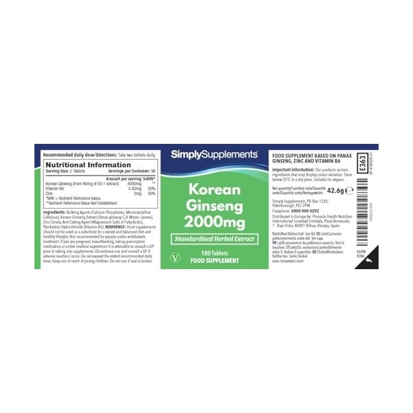 Ginseng Coréen Panax 2000mg | 360 Comprimés 180 +180 |Adapté aux Végétaliens |Jusqu’à 6 mois de bienfaits |SimplySupplement