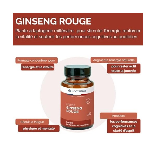 Ginseng Rouge – Vitalité, Énergie & Endurance – Plante Adaptogène – Racine de Panax ginseng - 60 Gélules Végétales – Nootrola