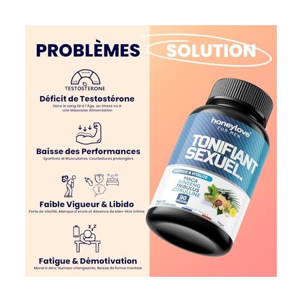 Honeylove Tonifiant Sexuel Homme | Énergie, Vitalité & Performance | 90 Gélules Vegan | Maca, Ginseng, Tribulus, Citrulline
