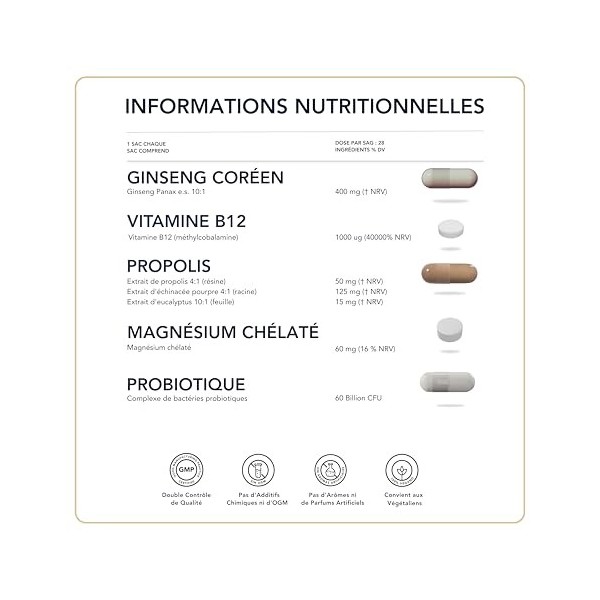 Réduit la fatigue et la fatigue Set avec ginseng : ginseng + vitamines B12 + Propolis + Magnésium + Probiotique Energie Physi