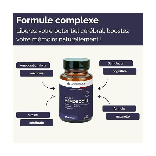 MémoBoost – Complément alimentaire mémoire et vitalité – Ginseng rouge, Pollen & Calcium – 60 gélules – Fabriqué en France