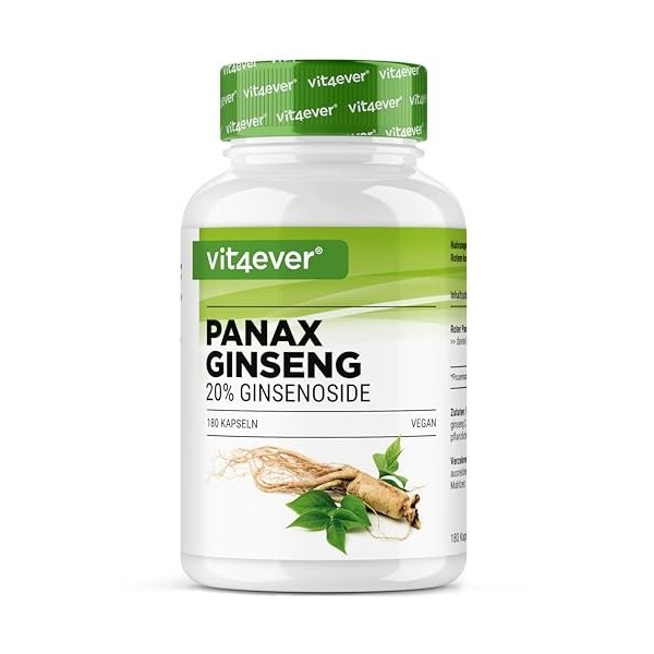 Ginseng rouge Panax 180 gélules - 1800 mg par portion journalière - 20% de ginsénosides - Extrait de racine de ginseng rouge 