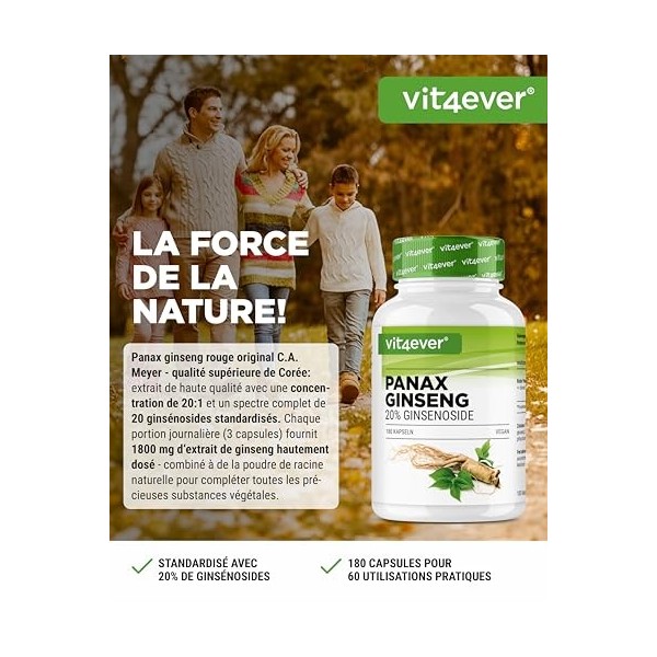 Ginseng rouge Panax 180 gélules - 1800 mg par portion journalière - 20% de ginsénosides - Extrait de racine de ginseng rouge 