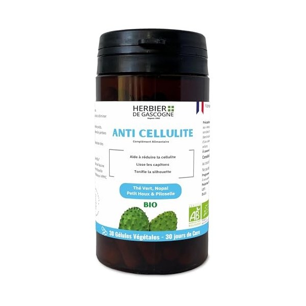 Anti-Cellulites Bio | 1 gélule par jour | 30 gélules | Composition Exclusive | Thé vert | Nopal | Petit Houx | Piloselle | 10